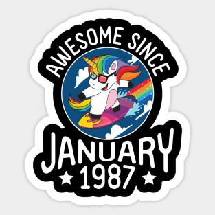 Unicorn Surfing Awesome Since January 1987 Happy Birthday 34 Years Old To Me Dad Mom Son Daughter Sticker